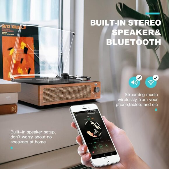 Vinyl Record Player With Speakers Vintage Turntable 3-speed Bluetooth Headphone - Picture 4 of 8